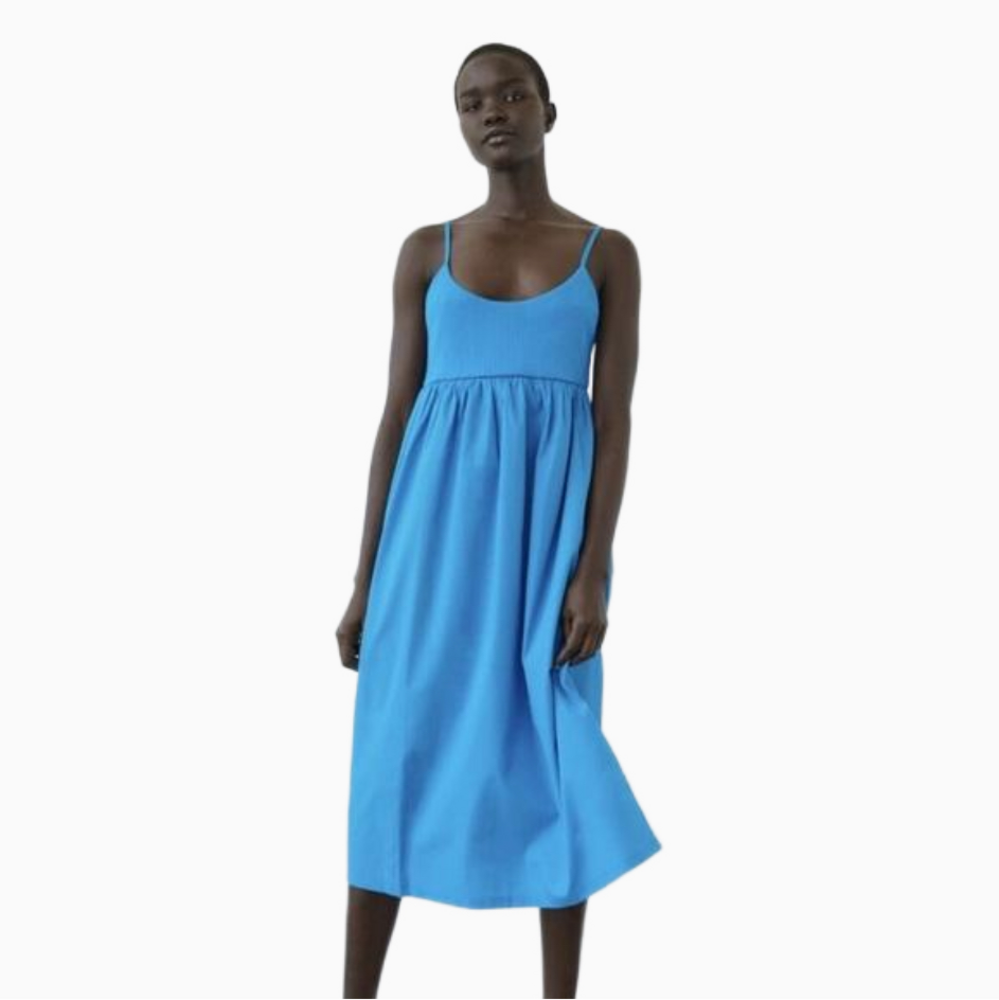 Zara Women’s Midi DRESS WITH RIBBED TRIM Sky Blue Size Medium Babydoll Fit Flare